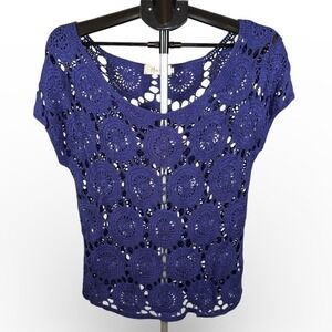 Missa Purple Crochet Medallion Open Knit Boho Scoop Neck Top‎ Large L